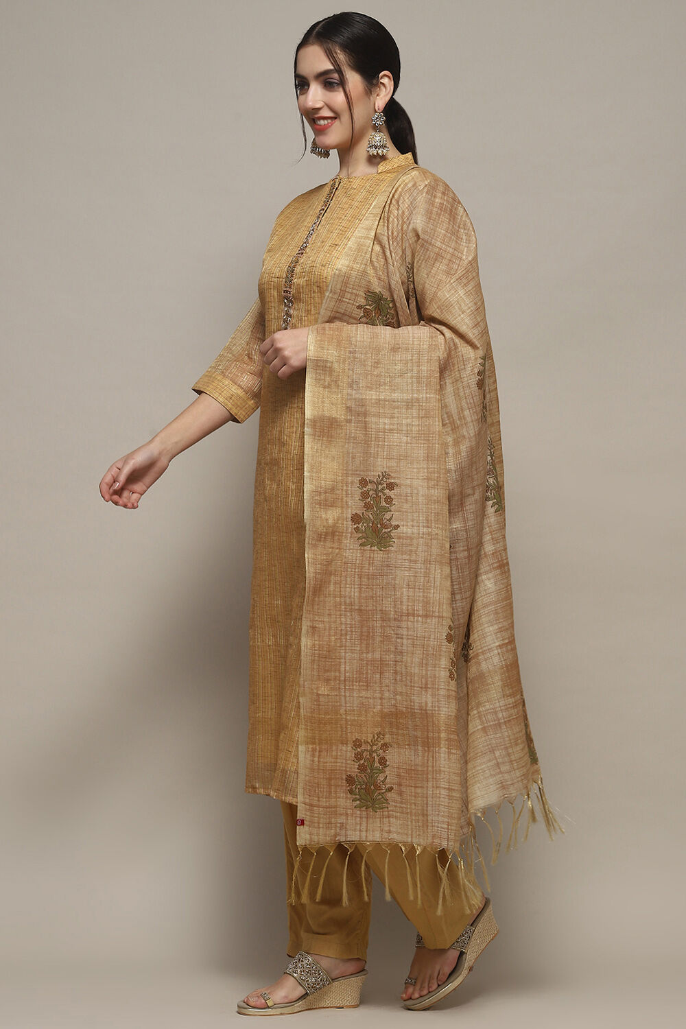 Earthy Yellow Chanderi Unstitched Suit set image number 5