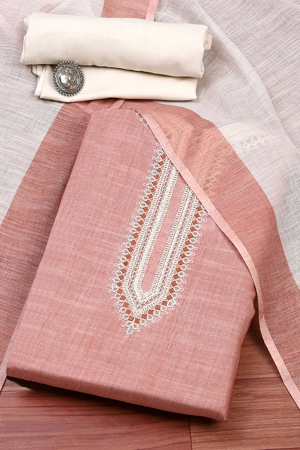 Peach Cotton Unstitched Suit Set image number 0