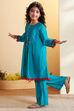 Teal Blue Pleated A-Line Kurta Set image number 3