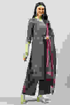 Grey Cotton Straight Kurta Palazzo Suit Set image number 3