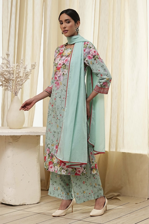 Turquoise Cotton Floral Printed Straight Suit Set image number 3
