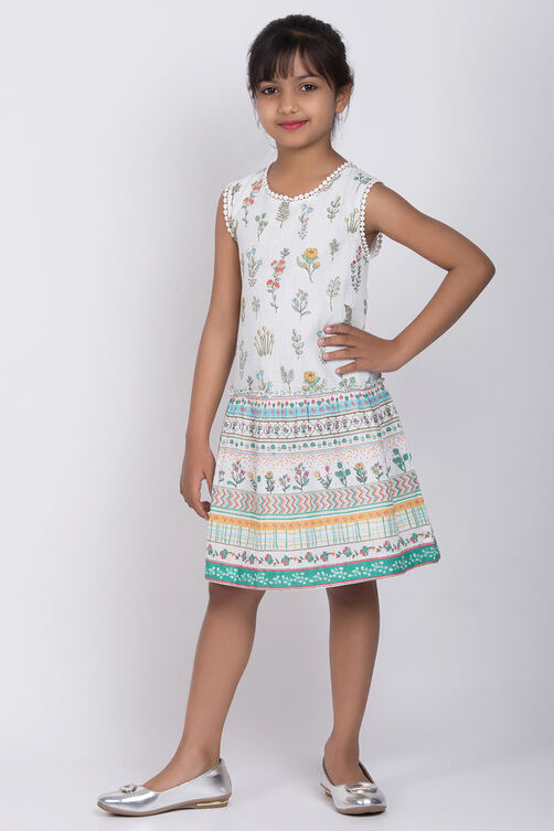 White Cotton A-Line Printed Dress image number 2