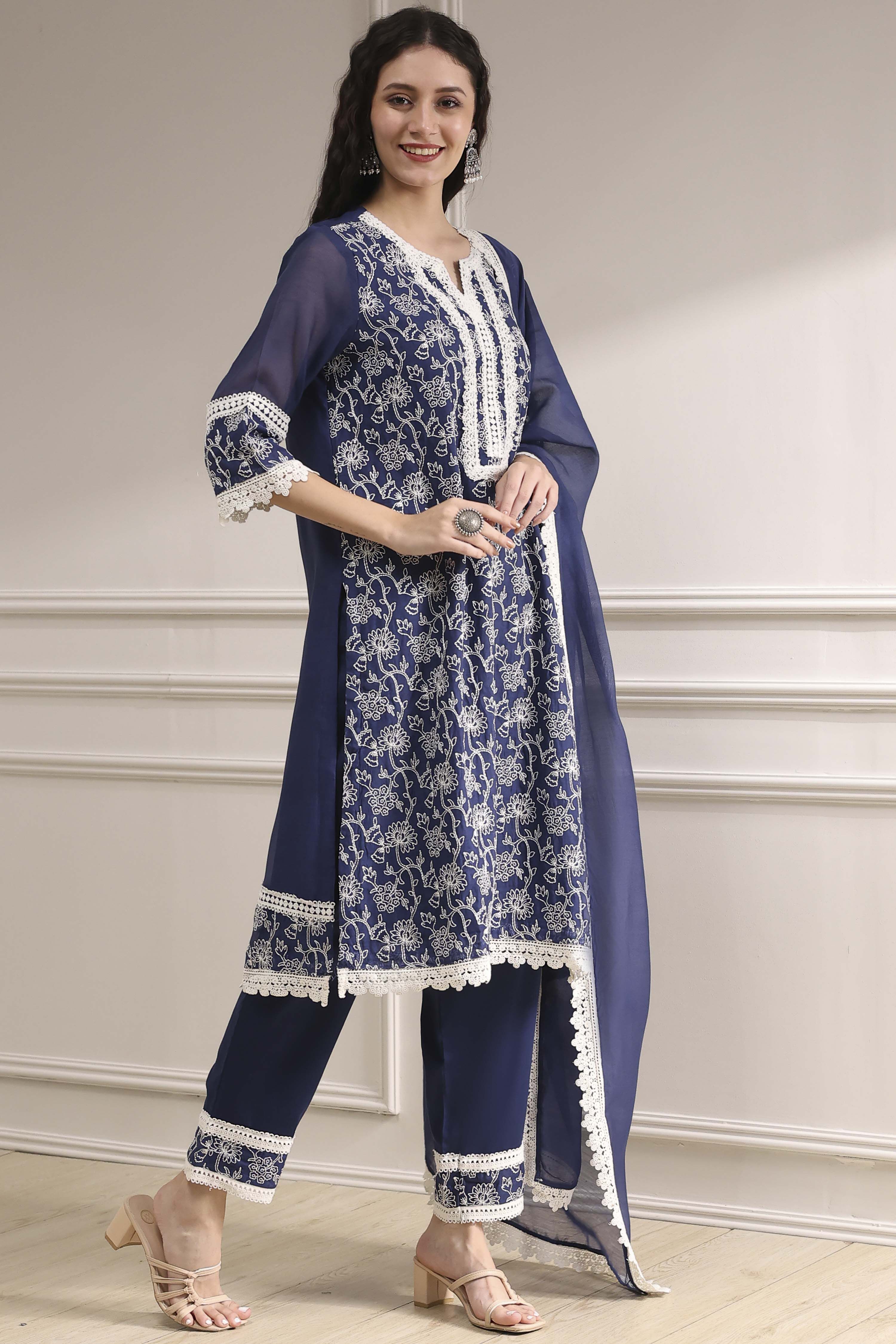 Blue Chanderi Embroidered Straight Suit Set image number 5