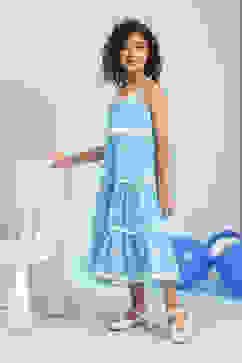 Blue Cotton Schiffli Strappy Tiered Dress image number 2