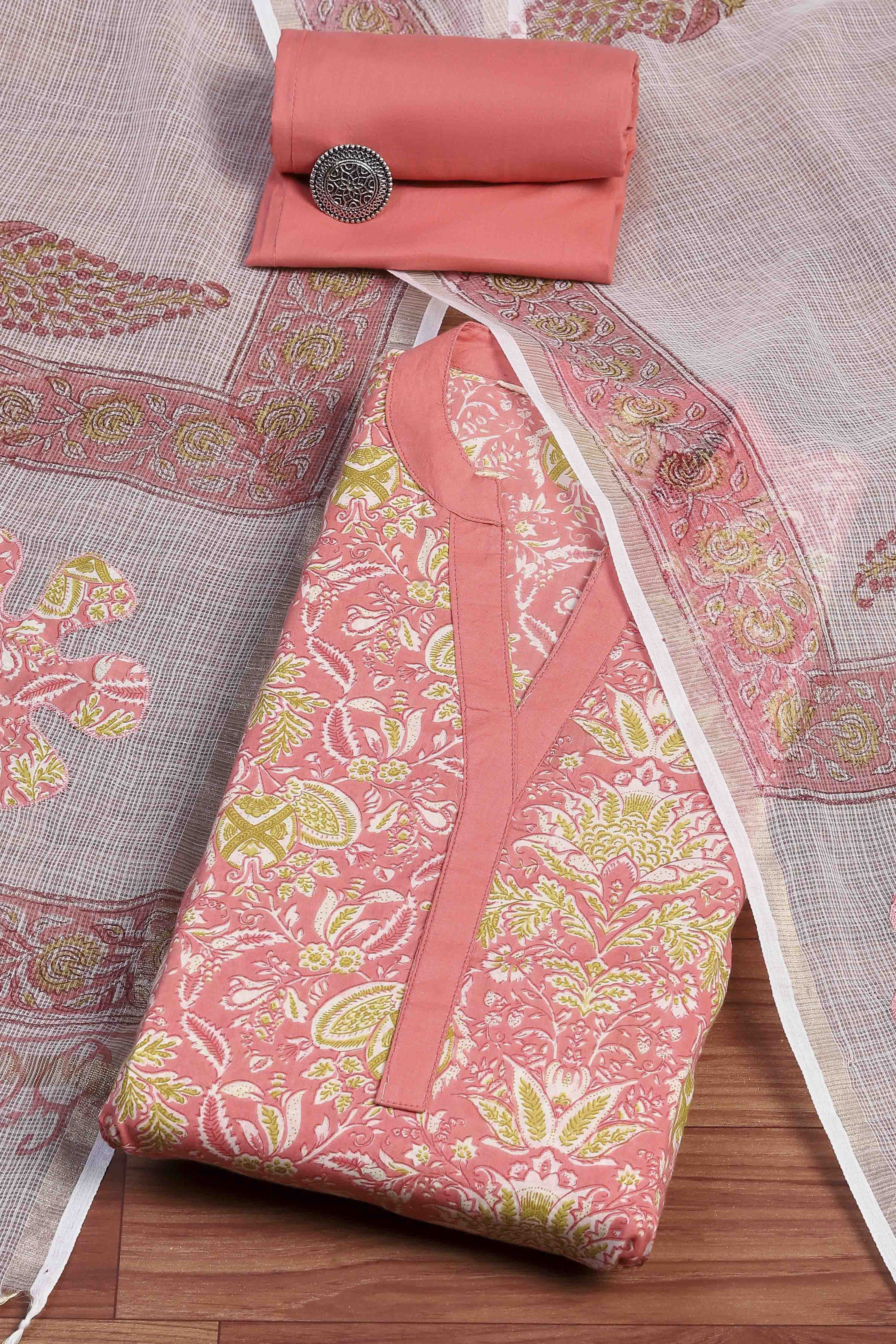 Pink Cotton Hand Block Print Unstitched Suit Set image number 0