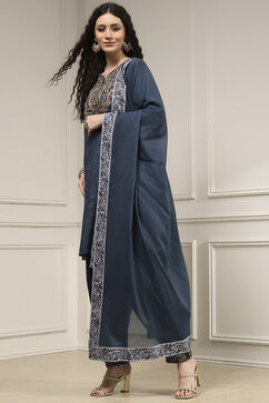 Teal Blue Blended Straight Printed Suit Set image number 3