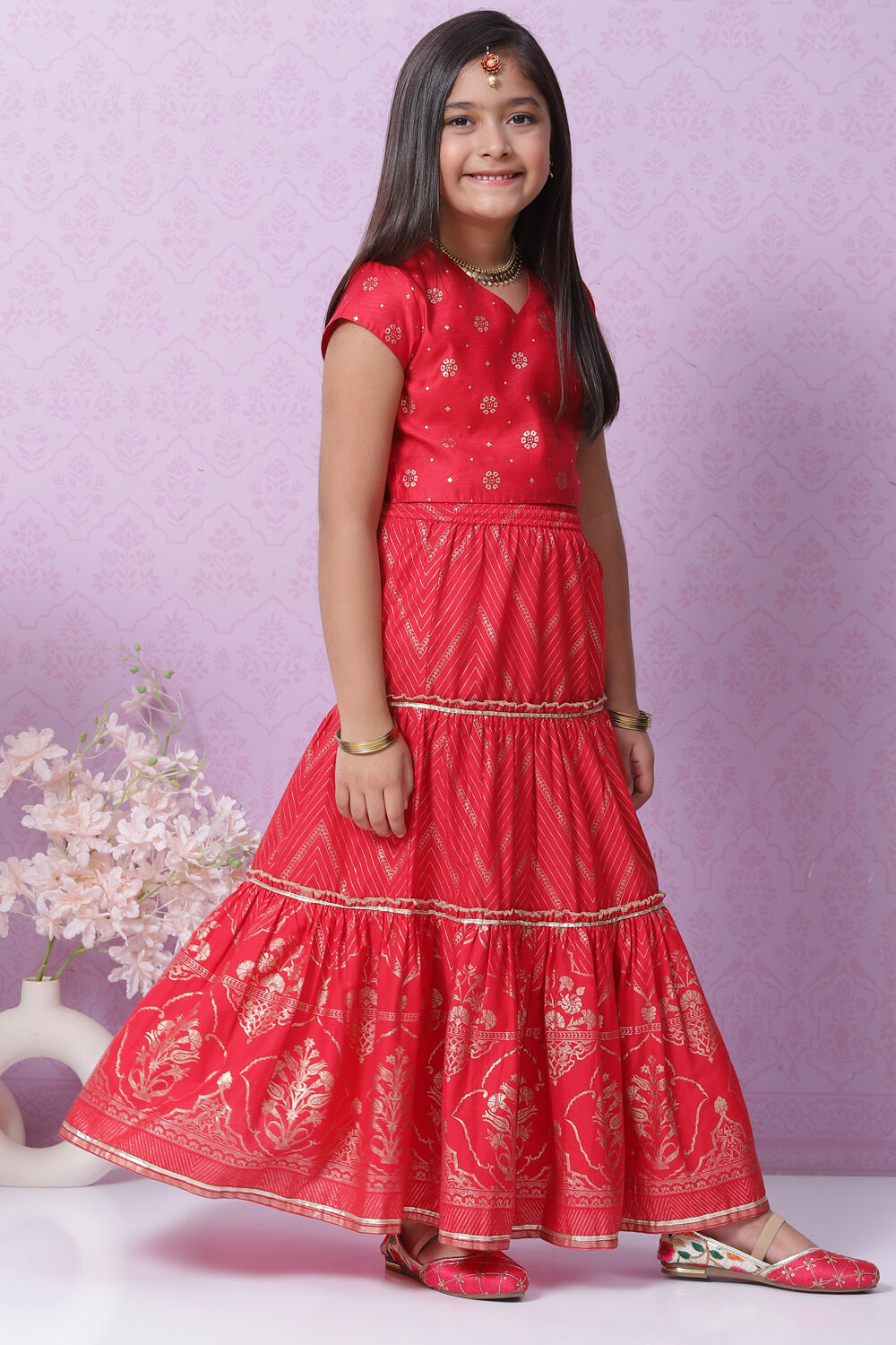 Red Art Silk Printed Short Top Lehenga Set image number 6