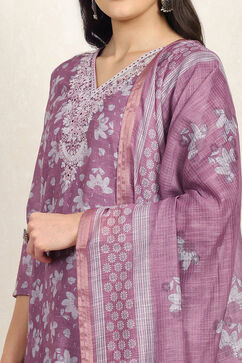 Mauve Linen Blend Digital Print Unstitched Suit Set image number 2