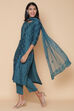 Teal Cotton Silk Straight Kurta Pant Suit Set image number 6