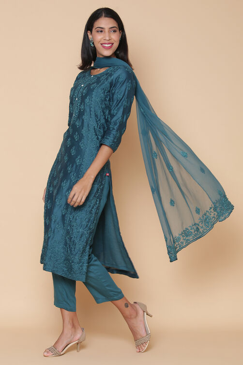 Teal Cotton Silk Straight Kurta Pant Suit Set image number 6