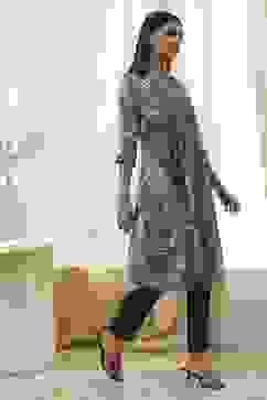 Grey Printed Pleated A-Line Kurta image number 4