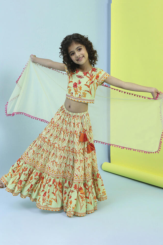 BIBA Cotton Lehenga Set in Lime Green