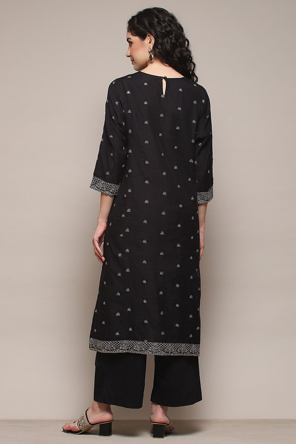 Black Cotton Satin Straight Kurta Palazzo Suit Set image number 5