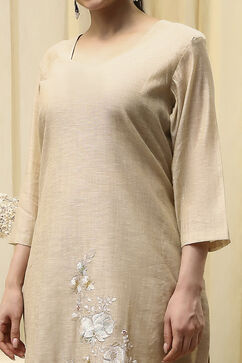 Beige Chanderi Embroidered Unstitched Suit Set image number 2