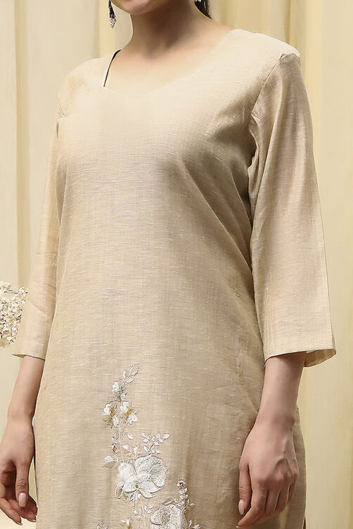 Beige Chanderi Embroidered Unstitched Suit Set image number 2