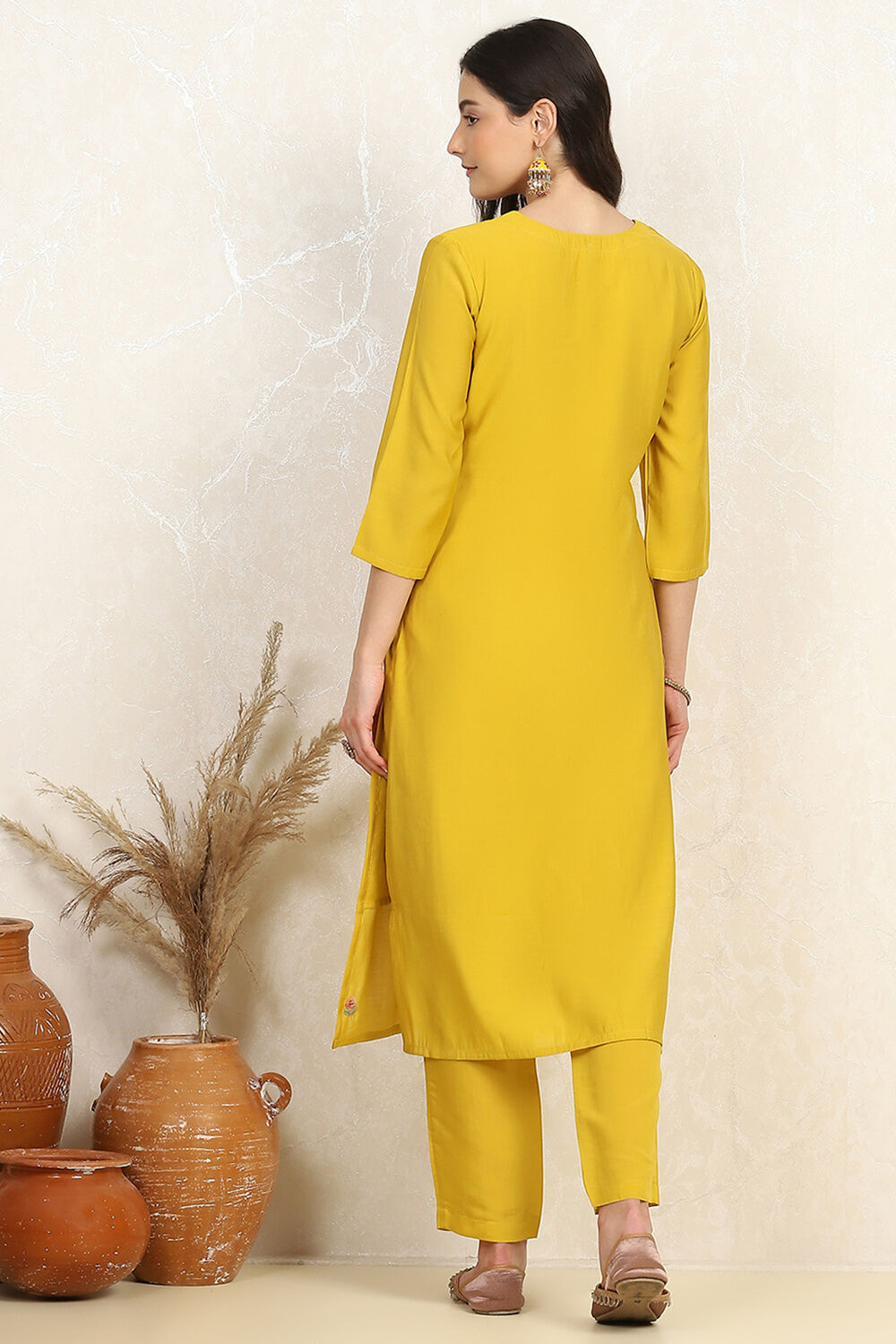 Yellow Silk Blend Machine Embroidered Unstitched Suit Set image number 5