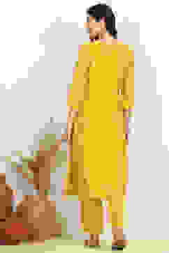 Yellow Silk Blend Machine Embroidered Unstitched Suit Set image number 5