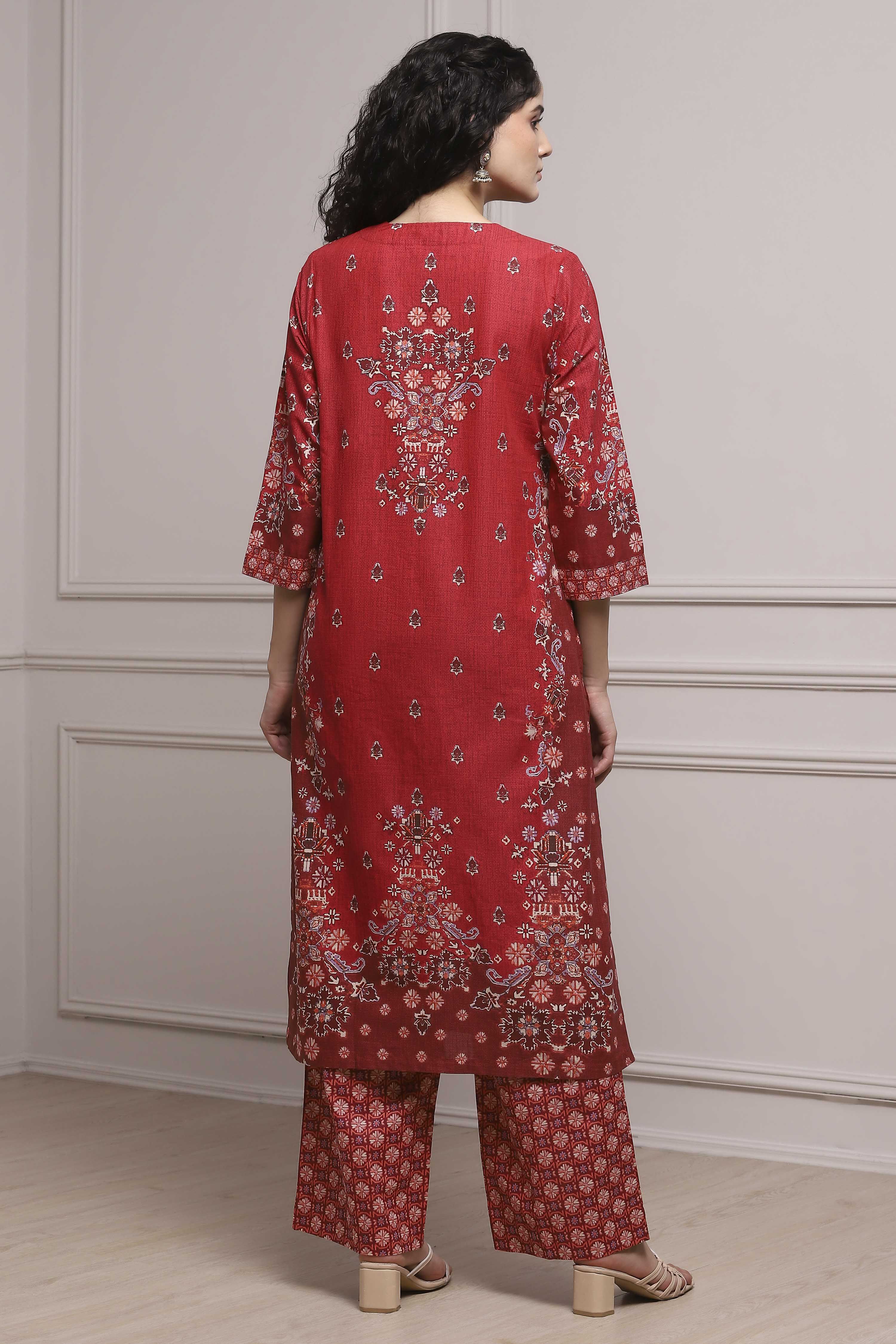 Red Cotton Printed Straight Suit Set image number 4