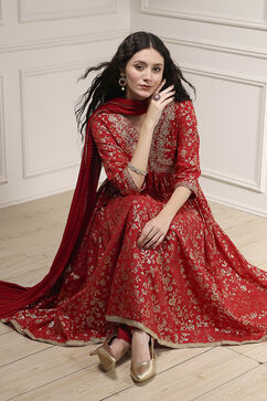 Red Cotton Anarkali Printed Suit Set image number 0