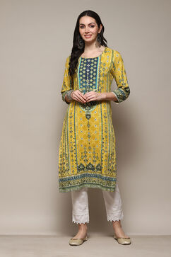 Yellow Printed Straight Kurta image number 0