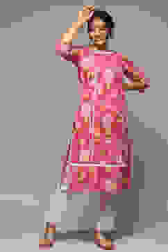 Pink Cotton Straight Printed Kurta image number 0