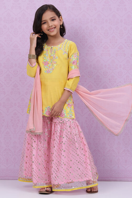 Yellow Poly Cotton Sharara Kurta Garara Suit Set image number 0