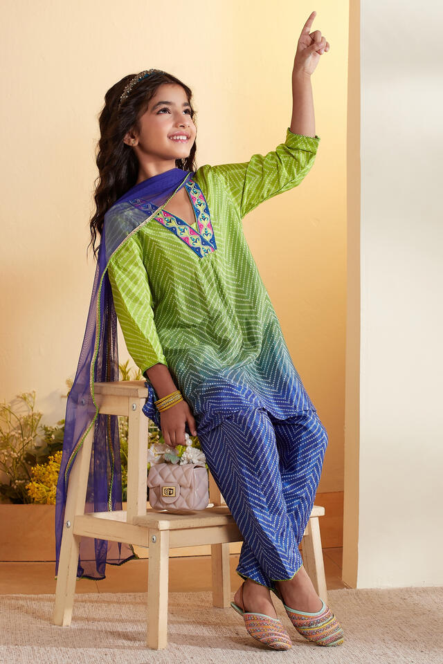 BIBA Viscose Rayon Printed Straight Festive Kurta With Salwar And Dupatta in Green