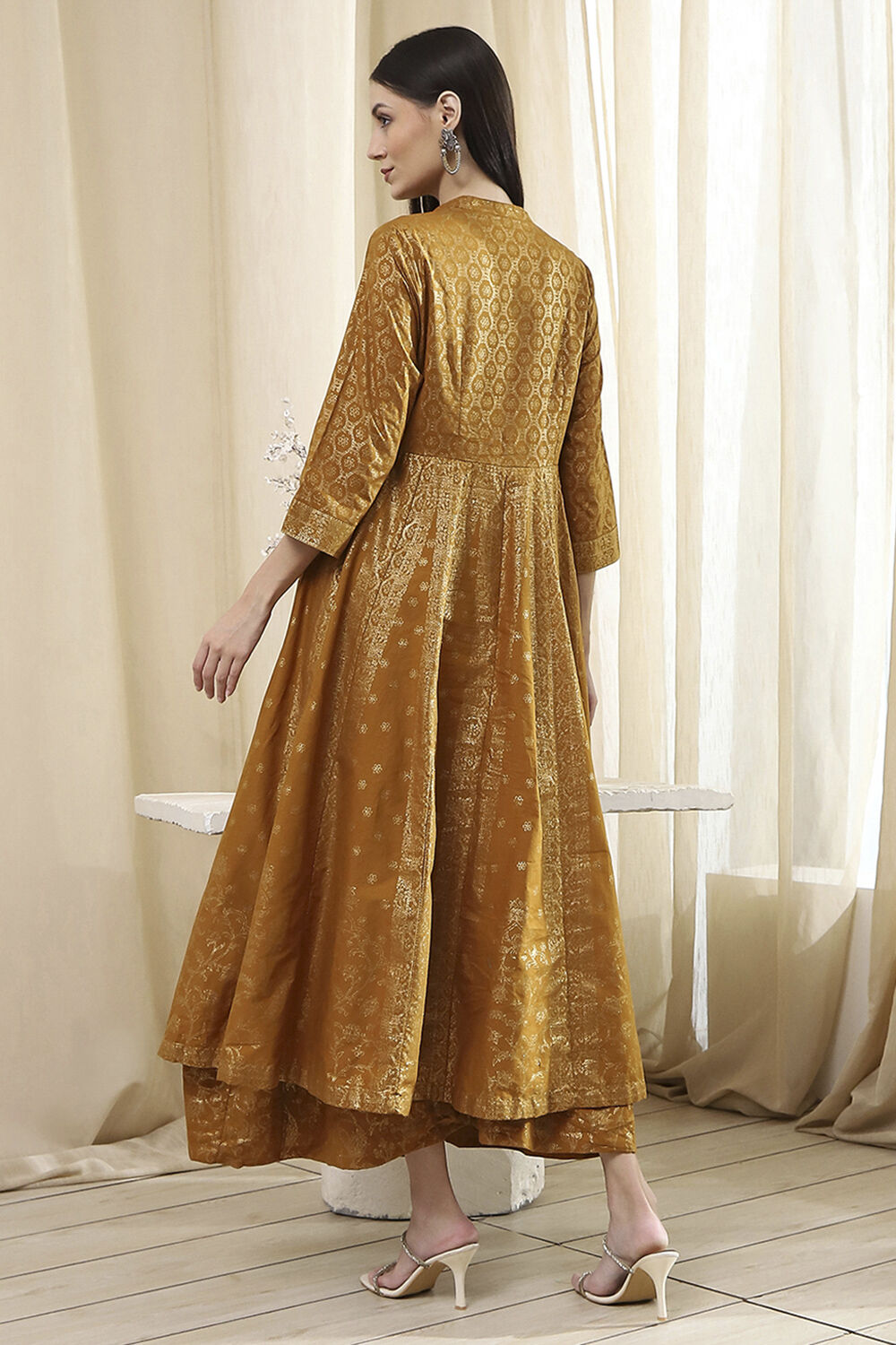 Mustard Brown Cotton Layered Anarkali Dress image number 3