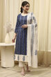Navy Blue Cotton Handloom Unstitched Suit Set image number 7