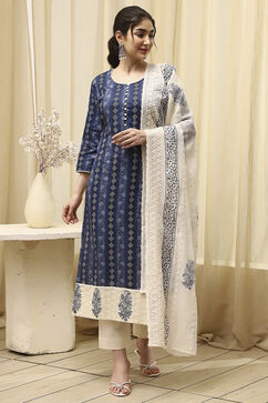 Navy Blue Cotton Handloom Unstitched Suit Set image number 7