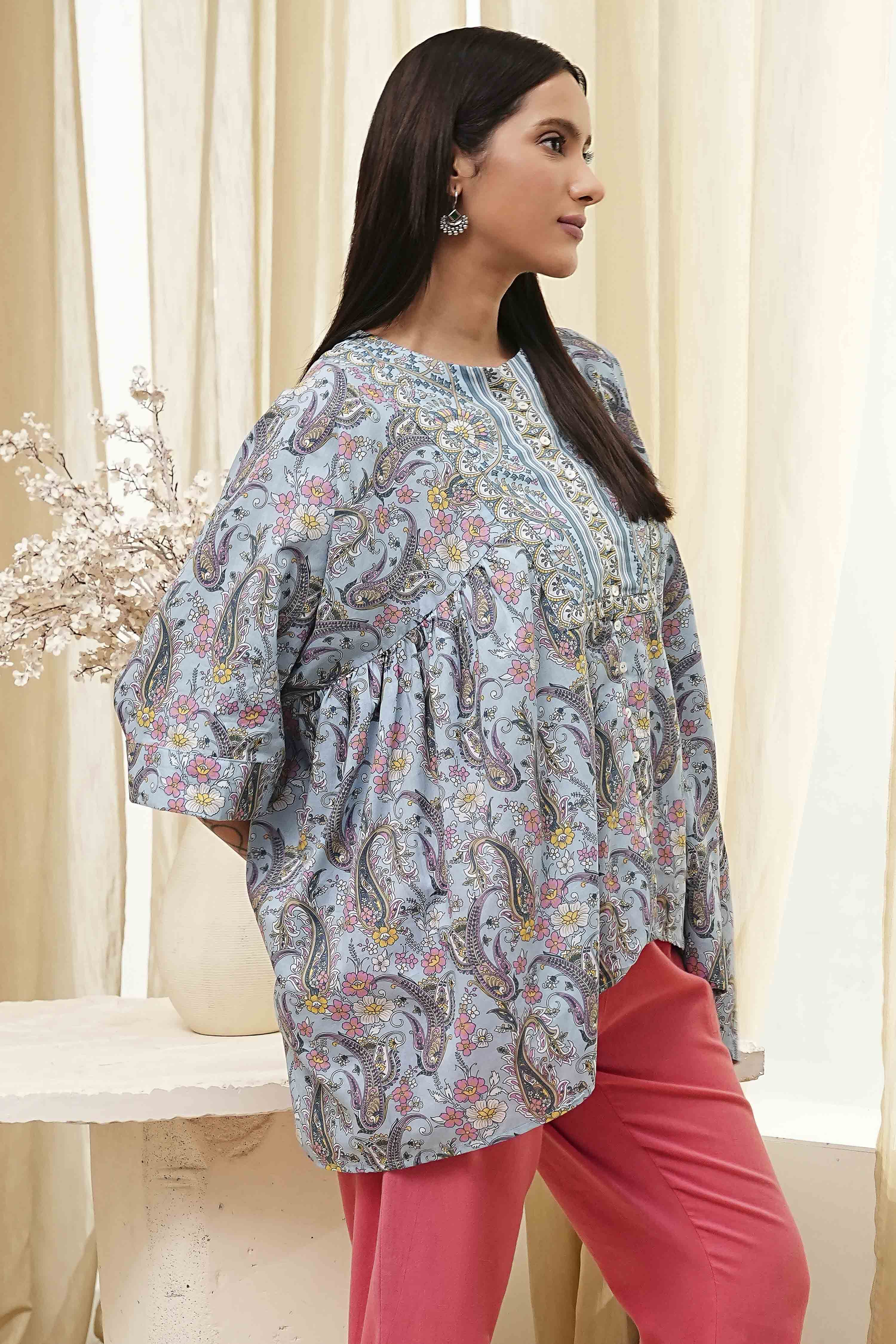 Dull Blue Cotton Flared Short Kurta image number 4