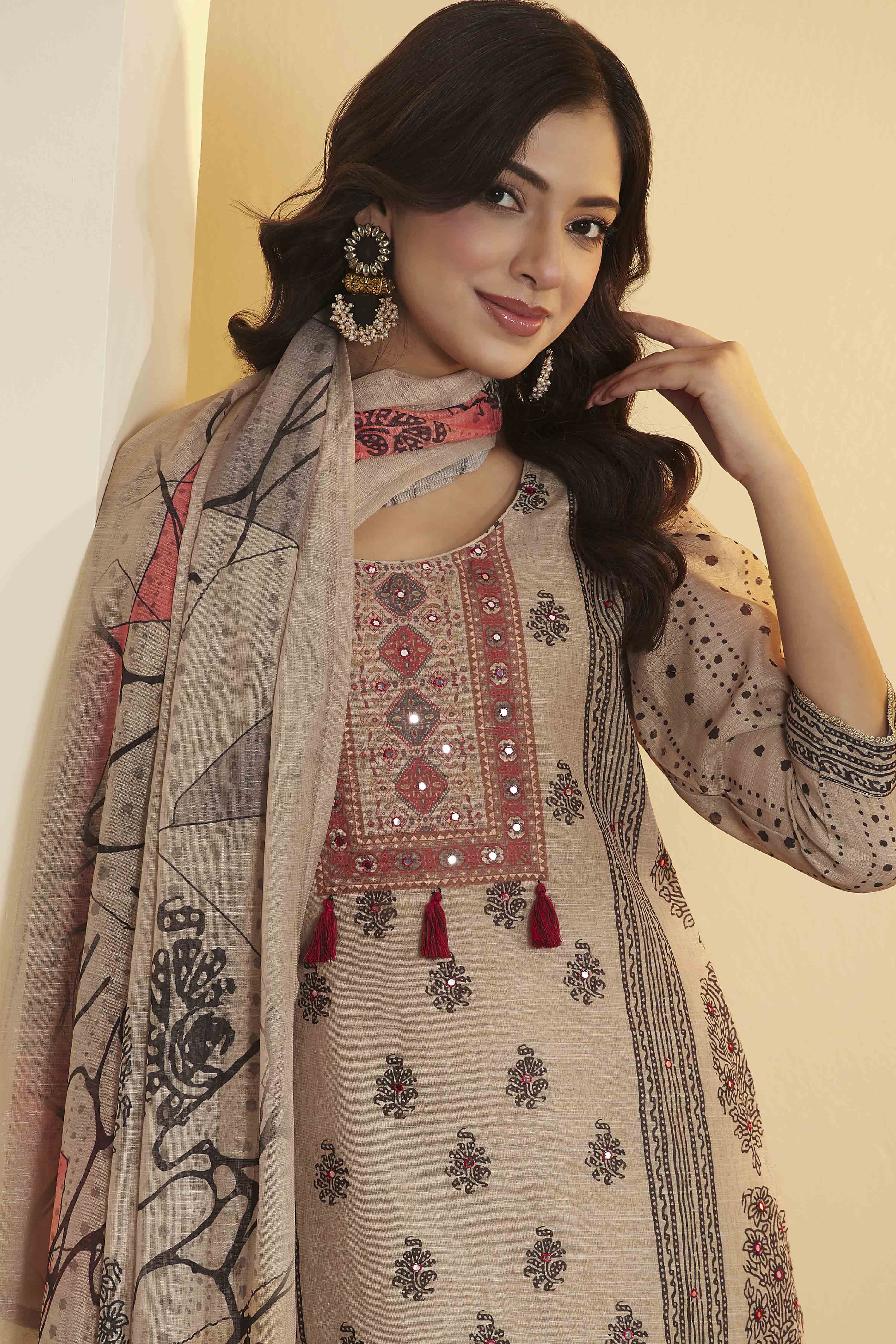 Beige Floral Motifs Poly Linen Kurta Set image number 1