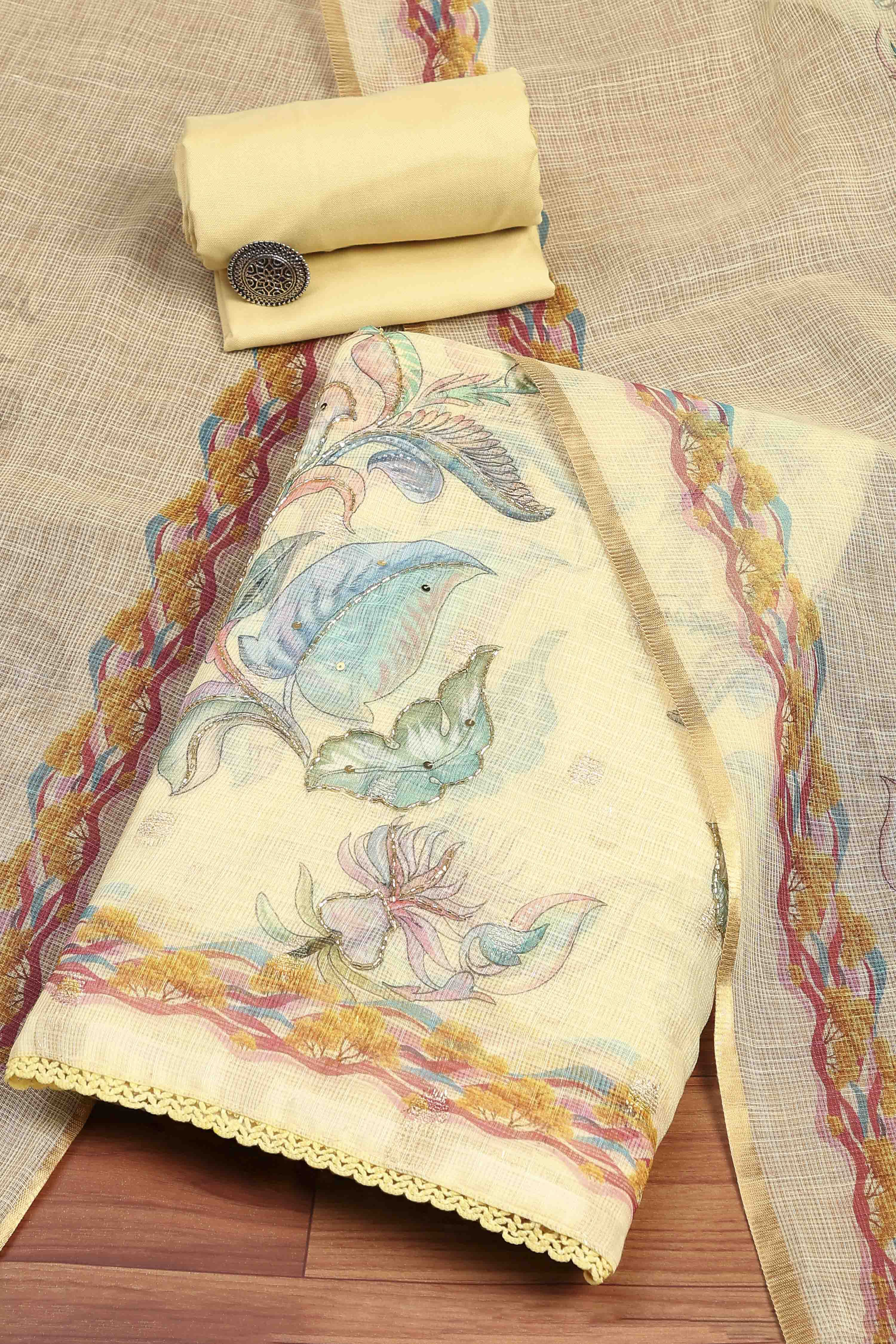 Yellow Kota Cotton Floral Unstitched Suit Set image number 0