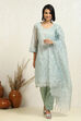Grey Floral Thread Work Unstitched Suit Set image number 1