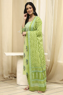 Lime Green Cotton Screen Print Unstitched Suit Set image number 1