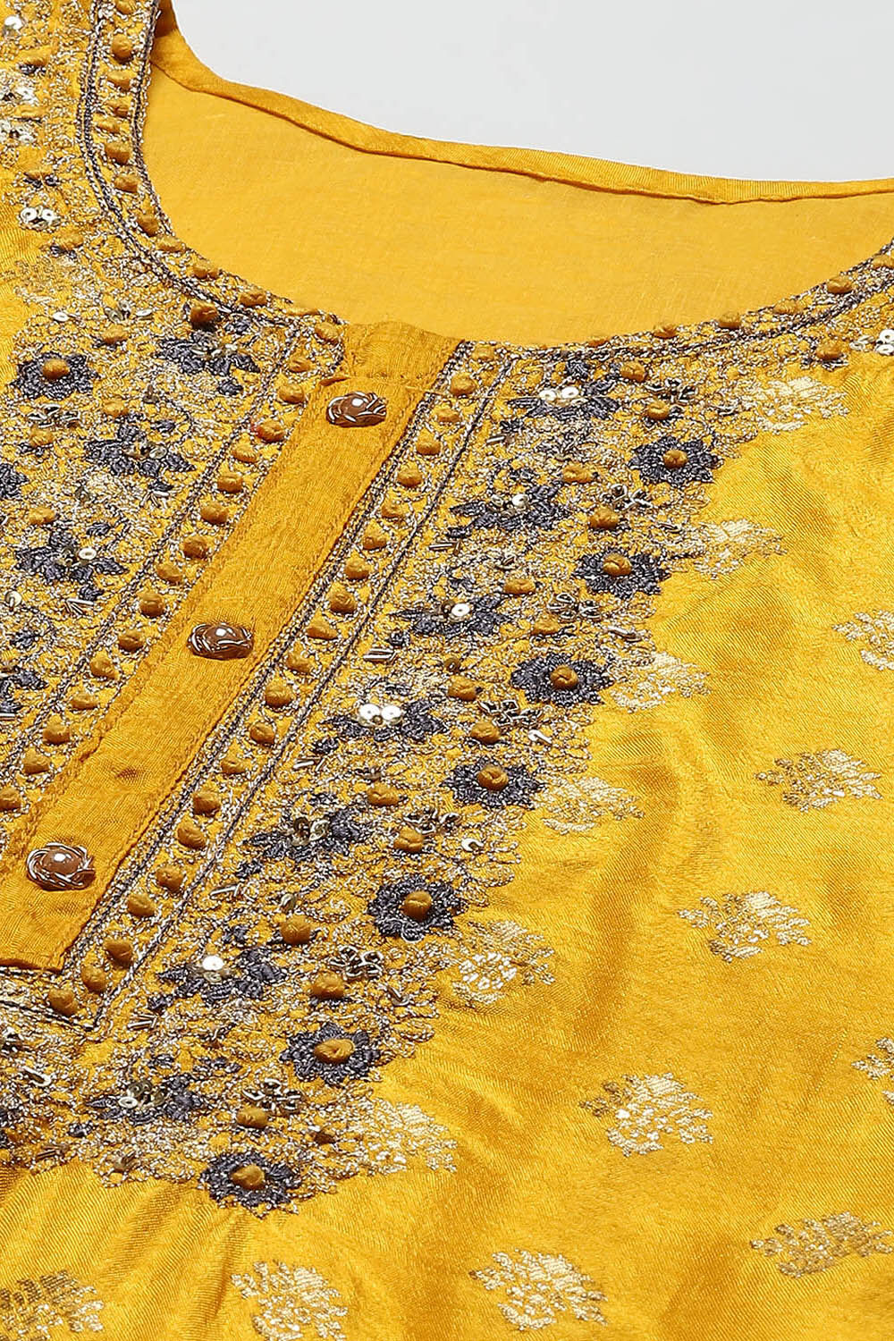 Yellow Banarasi Silk Machine Embroidered Unstitched Suit Set image number 2