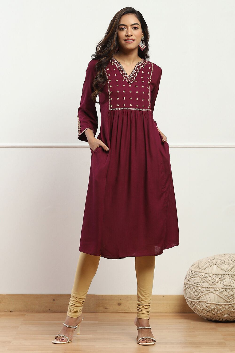 Beige Cotton Blend Solid Churidar image number 0