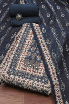 Navy Blue Chanderi Hand Embroidered Unstitched Suit Set image number 0