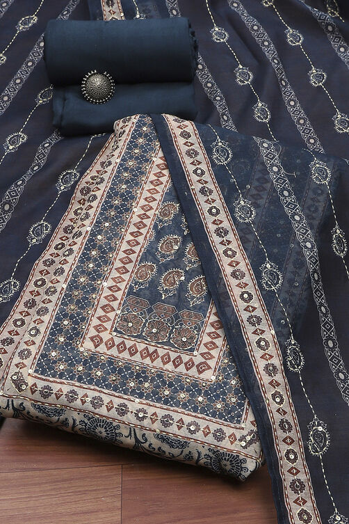 Navy Blue Chanderi Hand Embroidered Unstitched Suit Set image number 0