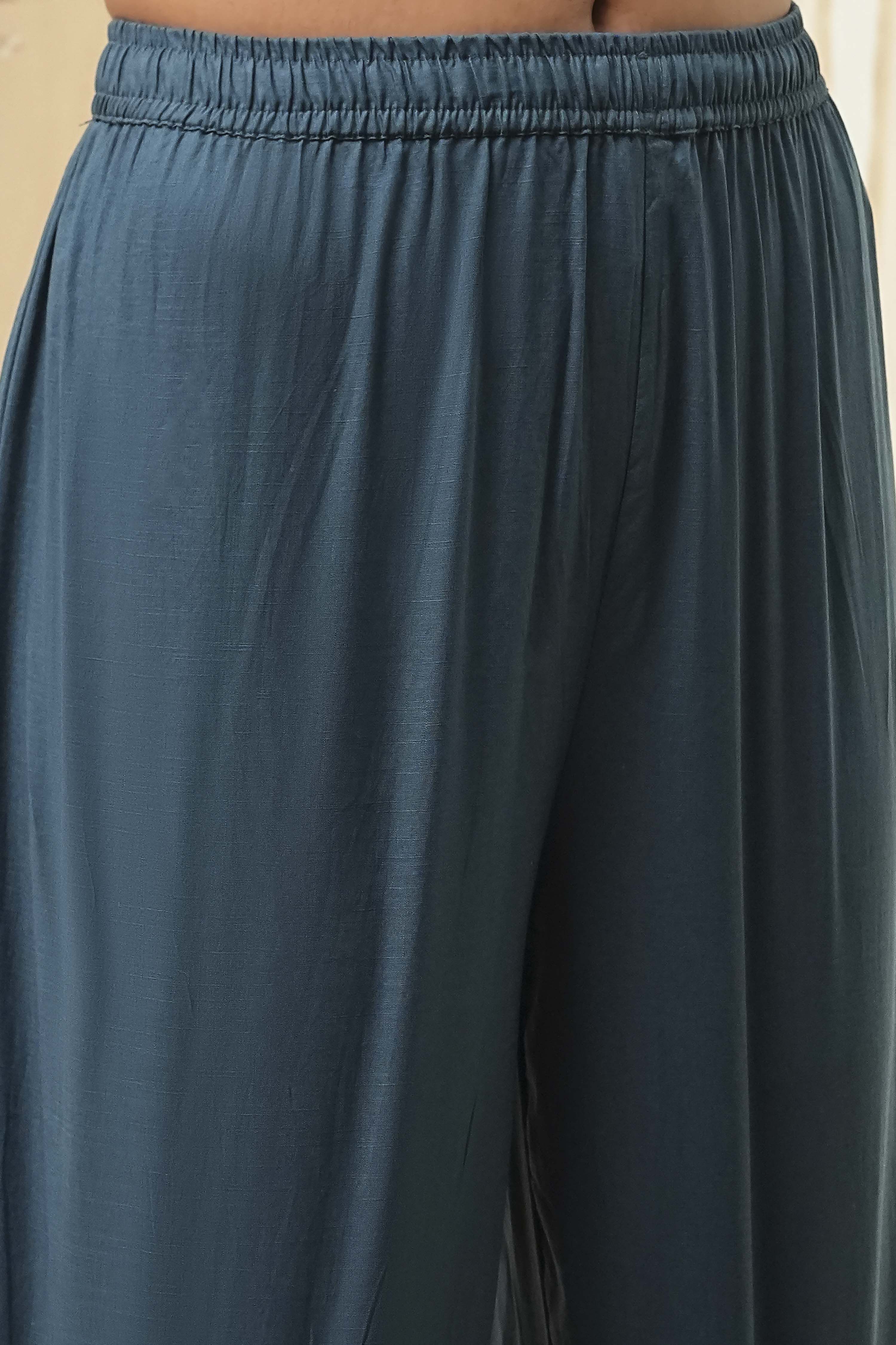 Dull Blue Cotton Floral Anarkali Suit Set image number 2