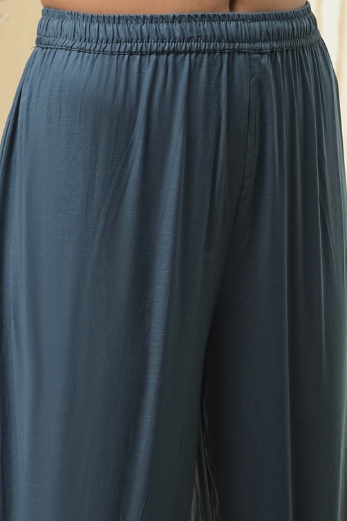 Dull Blue Cotton Floral Anarkali Suit Set image number 2