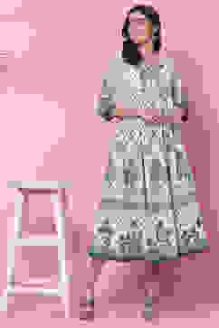 Green Cotton Flared Printed Kurta Dress image number 5