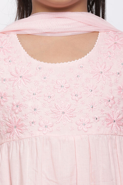 Peach Cotton Chikankari Kurta Churidar Suit Set image number 1