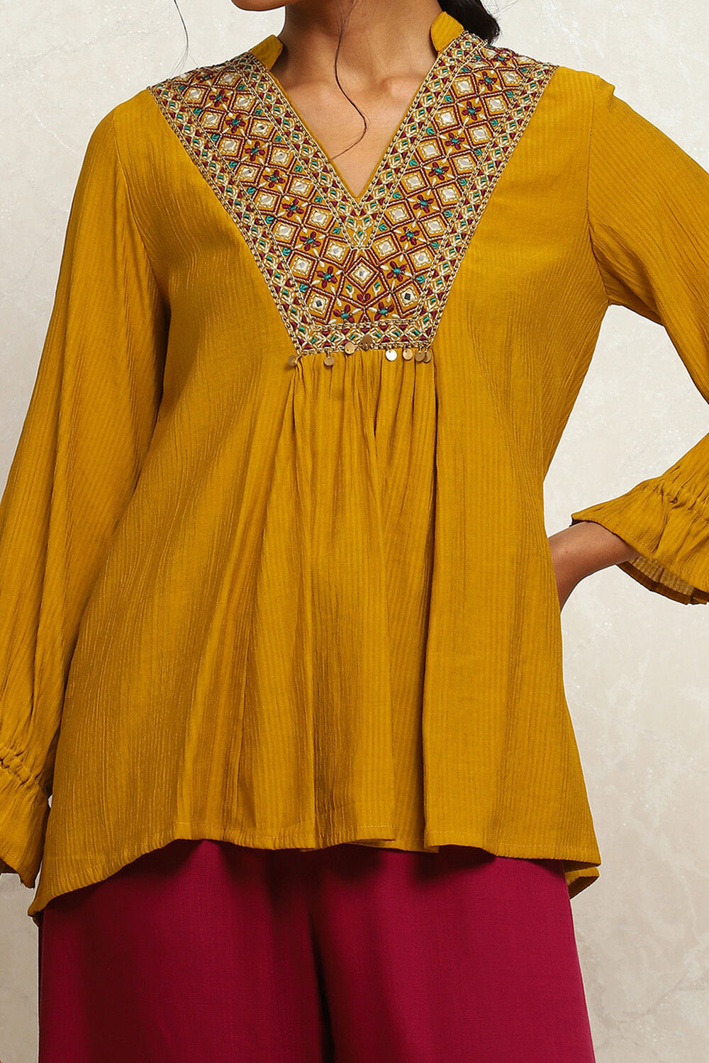 Mustard Yellow Embroidered A-Line Kurti image number 1