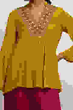 Mustard Yellow Embroidered A-Line Kurti image number 1