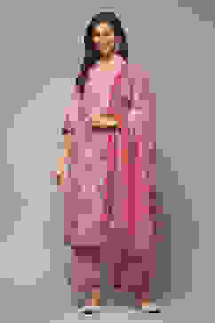 Salmon Cotton Straight Kurta Palazzo Suit Set image number 1