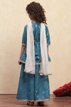 Teal Green Printed Peplum Suit Set image number 4