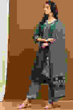 Green Modal Embroidered Festive Kalidar Suit Set image number 3