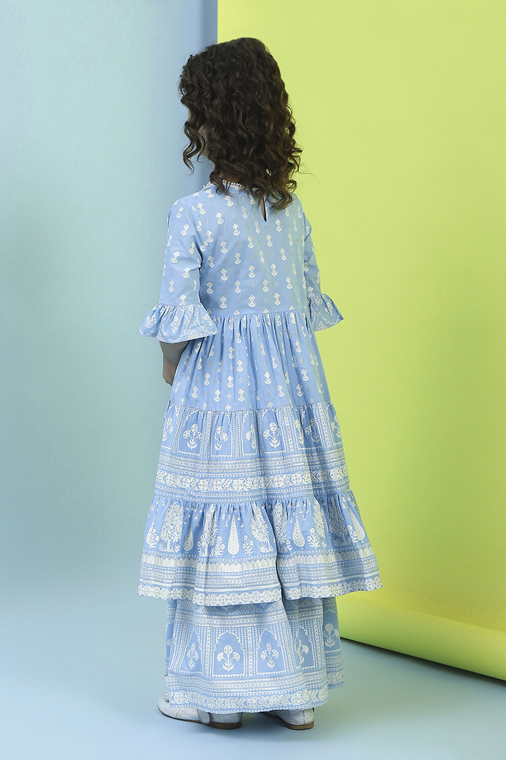 Powder Blue Cotton Tiered Kurta Set image number 4