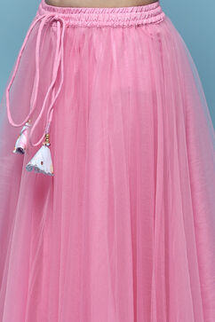Pink Net Lehenga With Cotton Floral Blouse & Net Dupatta image number 2